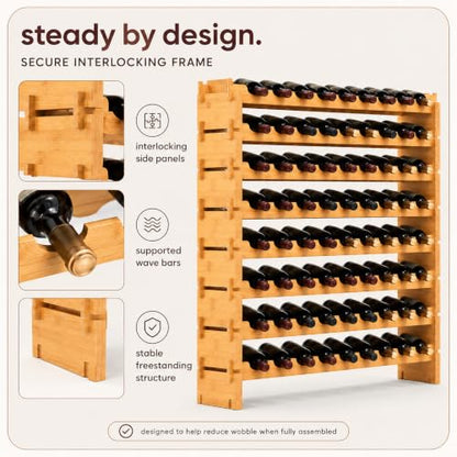NutriChef 72 Bottle Wine Rack Stackable Bamboo Freestanding, 8-Tier Modular Shelf, Sturdy Wobble Free, Upgraded 2026 Design, Easy No-Tool Assembly for Kitchen, Cellar or Bar Storage 33.5" x 10" x 41" - size: 72 Bottle