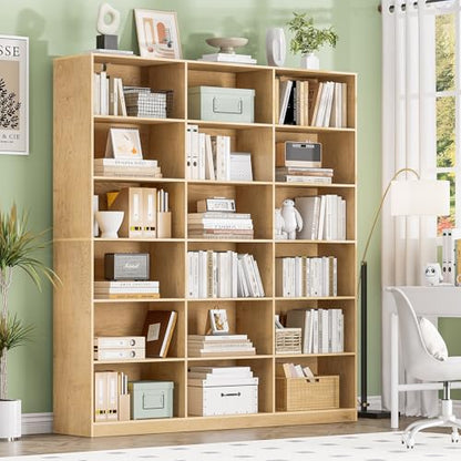 Triple Wide Bookshelf, 6 Tier Large Bookshelf, Natural Bookcase with 18 Open Display Shelves, 71.6'' Tall Book Case and Book Shelves for Living Room, Home Office, Library - color: Natural, size: Wide 59.1 Inch-1pc