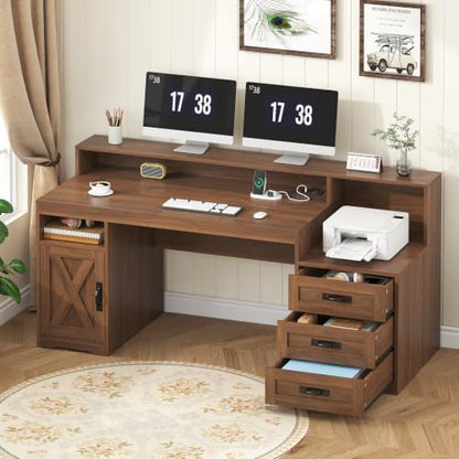 65" Farmhouse Computer Desk with Drawers and Printer Stand for Home Office | Office Desk with Power Outlets and Storage Cabinet, Study Writing Desks with Long Monitor Stand, Brown - color: Brown