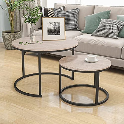 HOJINLINERO Round Coffee Table,Nesting Coffee Table Set of 2,Center Tables for Living Room,Office, Home Small Space,Stacking Side Tables,Sturdy and Easy Assembly,Wood Desktop,Black+Teak OAKDK,Large - color: Oak, size: Large