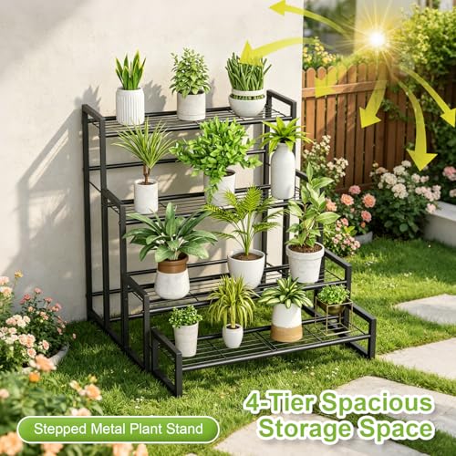 VyGrow Plant Stand, 4 Tier Stackable Tiered Plant Stand, Scalable Heavy Duty Tall Plant Shelf for Indoor Outdoor, Garden, Display Shelves, Flower Pot Holder, Black - color: Black 8.27"W