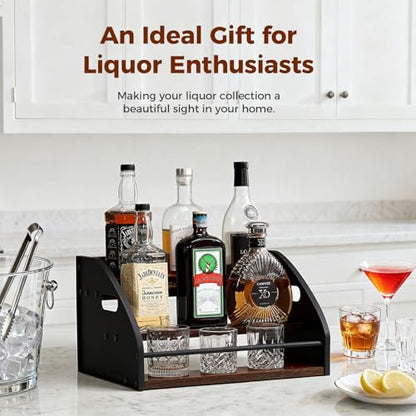 Liquor Bottle Display Shelf, Coffee Syrup Rack Organizer with Metal Hand, 3 Step Countertop Liquor Wine Rack, Mini Bar, Liquor Cabinet, Home Retro Bar Shelf Stand for Liquor Whiskey, Bourbon, Spirits - size: 3 Tier