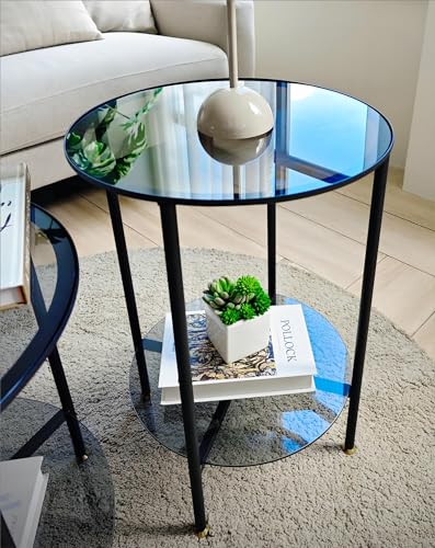 Tempered Glass End Table: 2-Tier Round Nightstand 22 inch High Grey | Circle Side Table 4 Legs Home Decor for Living Room Bedroom - size: Height - 22 inch