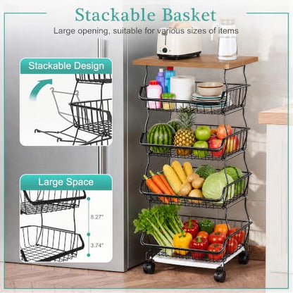 VECELO 5-Tier Fruit Basket with Wheels, Fruit and Vegetable Storage Cart for Kithchen, Stackable Produce Organizer Wire Baskets for Kitchen, Pantry, Living Room - size: 5 Tiers