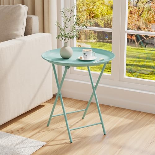 Garden 4 you Folding TV Tray Table, Metal Round Side Table, Green Dinner Table with Metal Frame, Modern Outdoor Tray Table for Living Room, Bedroom, Patio & Small Spaces, 1 Pack - color: Green, size: 1 PC