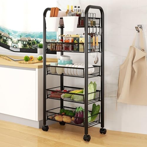 5 Tier Stackable Fruit Vegetable Storage Basket, Metal Mesh Produce Organizer Cart with 360 Degree Swivel Wheels, Rolling Snack Storage Rack, Carbon Steel Pantry Organizer Shelf (Black 5-Layers) - color: Black 5-layers