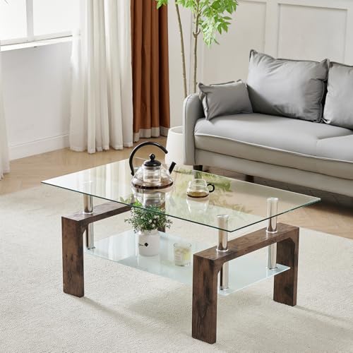 Living Room Rectangle Coffee Table, Tea Table Suitable for Waiting Room, Modern Side Coffee Table with Wooden Leg, Glass Tabletop with Lower Shelf.(brown) - color: Brown