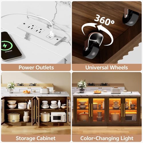 Kitchen Island with Storage, Imitation Marble Island Table with LED Lights & Cabinet for Kitchen, Modern Kitchen Carts on Wheels for Dining Room, Home Bar, Walnut