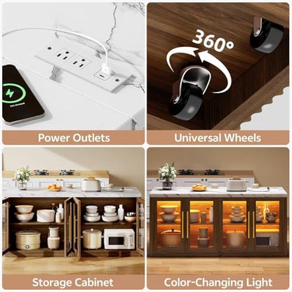 Kitchen Island with Storage, Imitation Marble Island Table with LED Lights & Cabinet for Kitchen, Modern Kitchen Carts on Wheels for Dining Room, Home Bar, Walnut