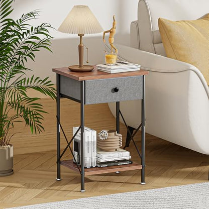 VECELO End Tables, Modern Nightstand with Fabric Drawer & Open Shelf, Night Stand for Bedroom Living Room, Industrial Metal Frame, Easy Assembly, Rustic Brown,2 Pack - color: Rustic Brown, size: 2 PACK
