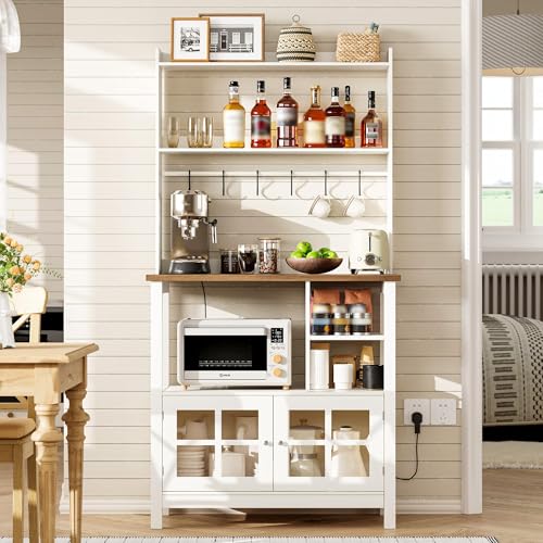 ChooChoo Farmhouse Bakers Rack with Power Outlets and Storage, Coffee Bar Cabinet with Storage, Microwave Stand Kitchen Cabinet with Hutch and 6 Hooks, Soft White & Brown - color: Soft White & Brown