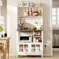 ChooChoo Farmhouse Bakers Rack with Power Outlets and Storage, Coffee Bar Cabinet with Storage, Microwave Stand Kitchen Cabinet with Hutch and 6 Hooks, Soft White & Brown - color: Soft White & Brown