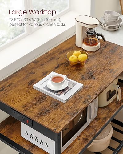 VASAGLE Kitchen Island with 3 Shelves, 39.4 Inches Width Kitchen Shelf with Power Strip, Large Worktop, Stable Steel Structure, Industrial, Easy to Assemble, Rustic Brown and Black UKKI105K01 - color: Rustic Brown + Black, size: 39.4"W x 34.9"H, style: wi