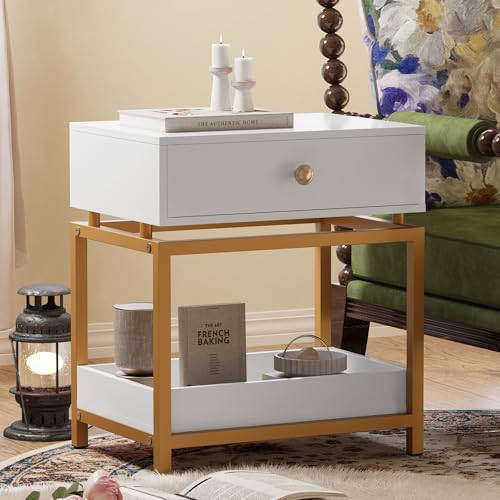 Night Stand Farmhouse Nightstand with Gold Metal Frame, Bedside Table with Drawer and Open Shelf, Sofa Side Table End Table for Bedroom, Living Room,White Yellow, 1 Pack - color: White 22"