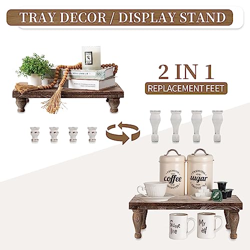 Hanobe Wooden Display Risers for Decor, Rustic White Pedestal Display Stand | 15.7'' Farmhouse Coffee Table Decor for Kitchen Centerpiece Decor, Short & Tall Footed