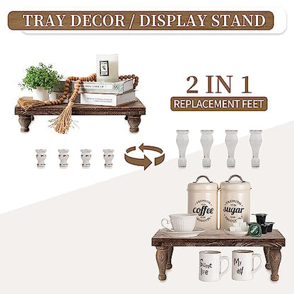 Hanobe Wooden Display Risers for Decor, Rustic White Pedestal Display Stand | 15.7'' Farmhouse Coffee Table Decor for Kitchen Centerpiece Decor, Short & Tall Footed