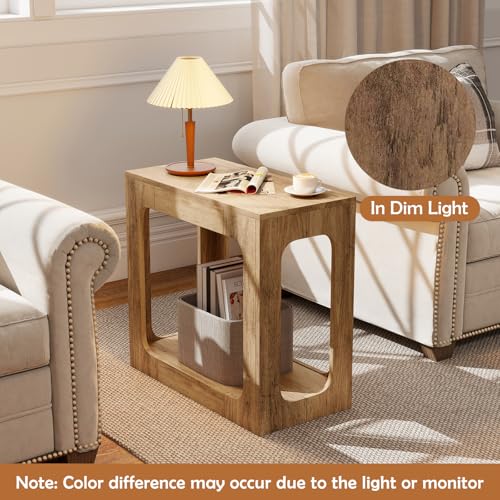 GOFLAME Narrow End Table Set of 2, Farmhouse Wood Sofa Side Table 2-Tier with Storage Shelf, Arched Rustic Small Accent Tables, Rectangular Compact Night Stand for Living Room, Bedroom, Oak - color: Oak
