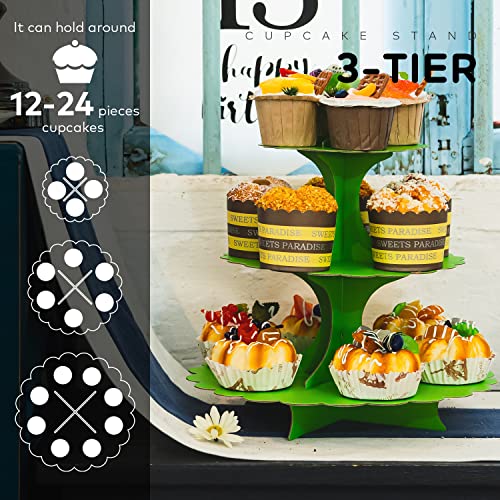 3-Tier Green Cupcake Stand 2-Pack, Premium Matte Finish, Easy 60-Second Assembly Heart Handle Design Dessert Tower for Christmas Thanksgiving Easter Graduation Wedding - color: Green 2 Pack