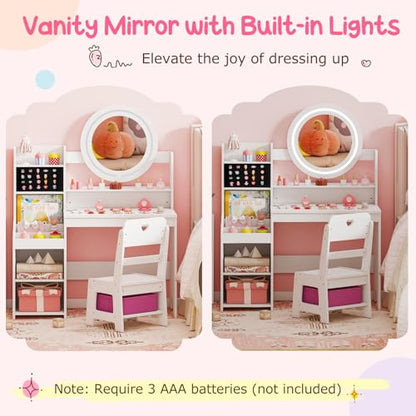 Costzon Kids Vanity, Girls Vanity Set with Mirror and Lights, Jewelry Storage, Shelves, Princess Toddler Makeup Vanity Desk Dressing Table, Wooden Kids Vanity Table and Chair Set (White) - style: White with Jewelry Storage
