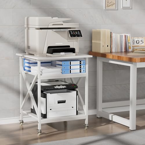3 Tier Printer Stand, Large Table with Wheels, Rolling Cart with Height Adjustable Middle Storage Shelf, 23.6 x 23.6 x 30.3 Inches Shelf for Home Office, White - color: White