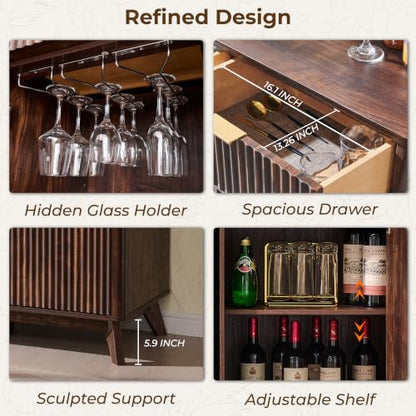OKD 60" Fluted Coffee Bar Cabinet with Mini Fridge Space, Dark Walnut | Mini Fridge Compatible, Built In Charging Station, 3 Stemware Racks, 2 Drawers, 2 Cabinets, Home Bar Cabinet Storage - color: Dark Walnut