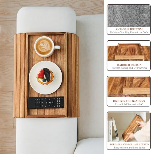 GEHE Acacia Wood Sofa Arm Tray, Foldable Couch Arm Tray Side Table, Anti-Falling Armrest Tables Cup Holder for Snacks, Drinks, Beers, Phone, Control, Flexible and Portable, Anti-Slip - color: Acacia Wood