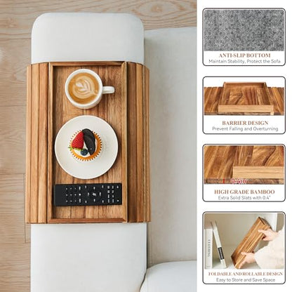 GEHE Acacia Wood Sofa Arm Tray, Foldable Couch Arm Tray Side Table, Anti-Falling Armrest Tables Cup Holder for Snacks, Drinks, Beers, Phone, Control, Flexible and Portable, Anti-Slip - color: Acacia Wood