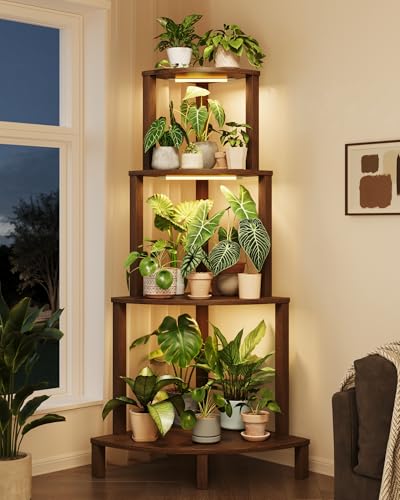 Bamworld Corner Plant Stand with Grow Lights 4-Tier Plant Stand Indoor Wood Plant Stand with Grow Light Tall Shelves Garden Decor for Living Room Balcony - color: Brown with lights
