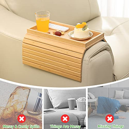 GEHE Bamboo Sofa Arm Tray, Foldable Couch Arm Tray Side Table, Anti-Falling Armrest Tables Cup Holder for Snacks, Drinks, Beers, Phone, Control, Flexible and Portable, Anti-Slip - color: Bamboo