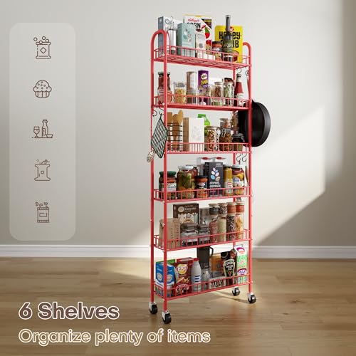 Slim Rolling Storage Cart 6 Tier, Metal Kitchen Rolling Utility Cart with Lockable Wheels for Kitchen, Bathroom, Office, Laundry Room, Small Narrow Spaces (Red 6 Inches) - size: Red 6 Inches