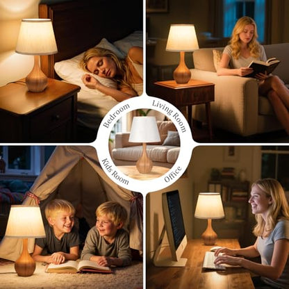 Seealle Touch Table Lamps for Bedroom Set of 2, 3-Way Dimmable Small Bedside Lamps for Night Stands with Wires, Wood-Paint Desk Lamps for Kids Room, Office, Living Room(LED Bulb Included) - color: I. Oatmeal Shade & Wood-paint Base