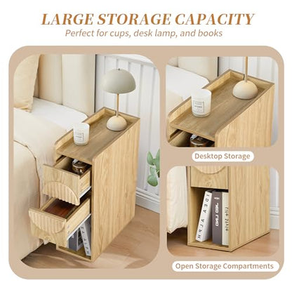 Narrow End Table with 2 Drawers, Fluted Slim Nightstands, Mid Century Modern Wooden Side Table for Small Spaces, 7.9" Wide Skinny Bedside Tables,Narrow Side Table for Bedroom - color: Natural X20