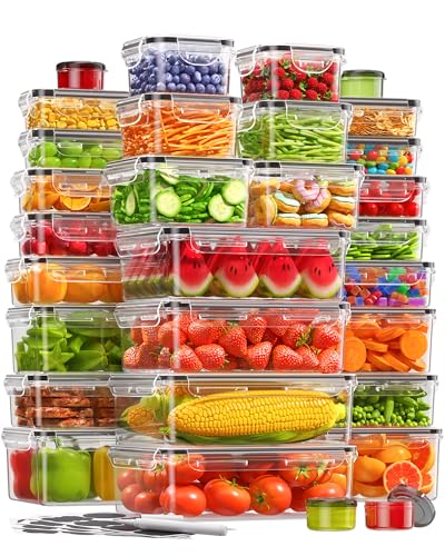 KEMETHY 60 PCS Food Storage Containers with Lids, Plastic Food Containers | BPA-Free, Leak Proof, Reusable, Microwave/Dishwasher Safe Meal Prep Containers with Labels & Pen, 30 Containers & 30 Lids - color: 60 PCS