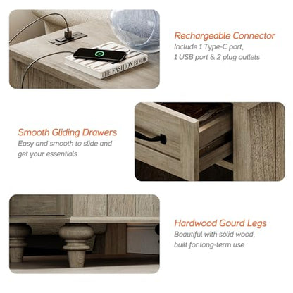 WAMPAT Gray End Table with Charging Station, Wooden Side Table with 1 Drawer &1 Storage Cabinet, Mid Century Modern Nightstand with Power Outlets & USB Ports for Living Room, Bedroom - color: Grey