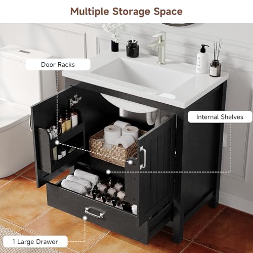ONBRILL 30'' Bathroom Vanity with Single Sink Combo, Freestanding Bathroom Vanities with Resin Sink & Door Shelf, Farmhouse Storage Cabinet with 2 Soft Closing Door & Drawer (Black) - color: Black