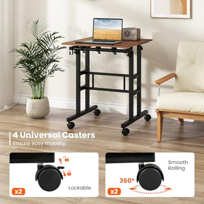 Tangkula Mobile Standing Desk, Height-Adjustable Laptop Podium Cart with Tilting Tabletop & Adjustable Angle, Rolling Stand Up Computer Desk with 2 Hanging Hooks & Lockable Casters for Home Office - color: Brown