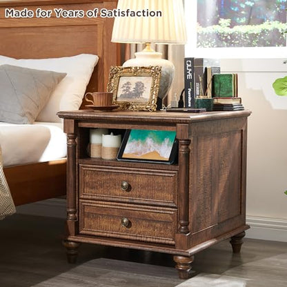 T4TREAM 24" Farmhouse Nightstands with 2 Drawers, Reclaimed Barnwood | 4 Solid Wood Feet, Charging Station, Tall Rustic Wood Square, Sofa Side Table, Living Room, Bedroom - color: Reclaimed Barnwood