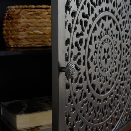 SAFAVIEH Furniture - Thea 1-Door Carved Nightstand - Black - Mango Wood - Artisan Global Design - Ideal for Bedroom, 20" W x 14" D x 26" H - Fully Assembled (NST5300D) - color: Black