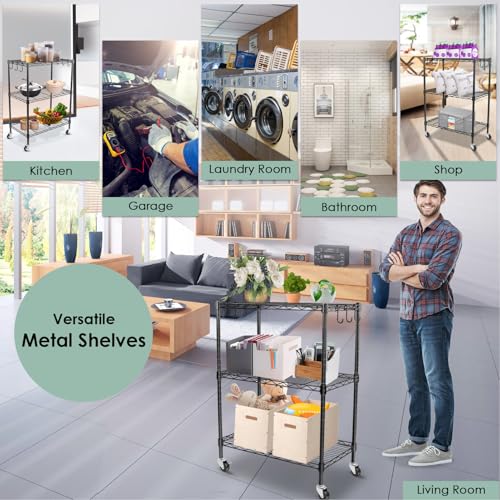WDT 3-Tier Storage Shelves, Heavy Duty Metal Shelves Wire Rack Shelving Unit, Adjustable Shelf with Wheels for Home Office Garage Kitchen Bathroom,23.4" Wx13.6 Dx32.5 H - size: 3Tier 23.4"W x 13.6"D x 32.5"H