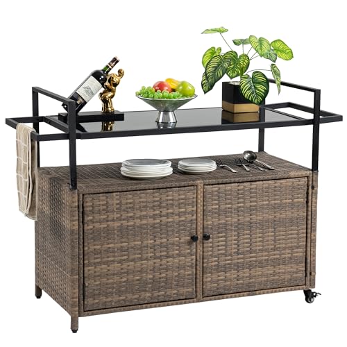 HOMEFUN Outdoor Bar Cart Table - Patio Console Storage Cabinet BBQ Grill Carts Buffet with Wheels Waterproof Wicker Serving Tables for Outside, Brown - color: 01-brown