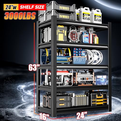 24" W Garage Shelving,5-Tier Heavy Duty Shelving Unit,3000LBS Adjustable Metal Storage Shelves,Storage Rack Units for Industrie,Shed,Warehouse,Basement,Black,23.6" W x 15.7" D x 63" H - size: 15.7"Dx23.6"Wx63"H