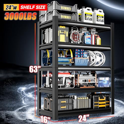 24" W Garage Shelving,5-Tier Heavy Duty Shelving Unit,3000LBS Adjustable Metal Storage Shelves,Storage Rack Units for Industrie,Shed,Warehouse,Basement,Black,23.6" W x 15.7" D x 63" H - size: 15.7"Dx23.6"Wx63"H