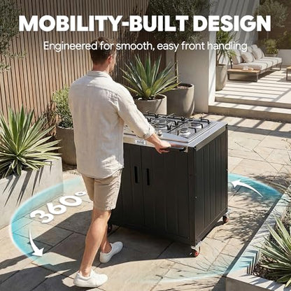 Feasto Outdoor Kitchen Island with Propane Gas Stove and Storage Cabinet, 35-Inch Outdoor Cooking Station with 304 Stainless Steel Top & Lockable Wheels for Backyard Patio, Black & Silver - size: Outdoor Gas Stove