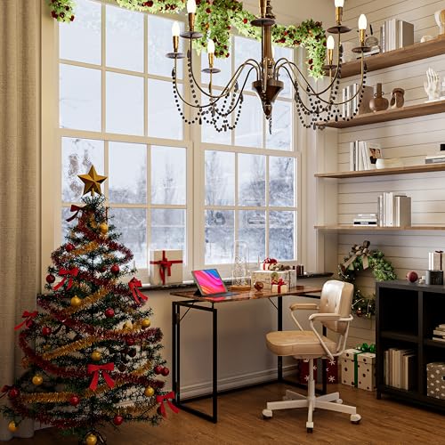 31.5" Folding Desk: No Assembly, Wood Top for Small Spaces | Home office desk, holds 150 lbs, folds flat to 2.3 in, splash-proof wood top, sturdy metal frame - color: Rustic Brown, size: 31.5"W x 15.7"D