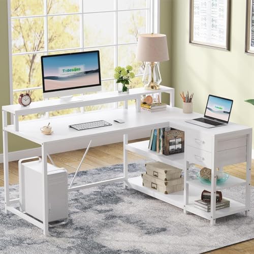 Tribesigns 55-inches Reversible L Shaped Desk with Drawer, Modern White L Corner Desk Home Office Table with Storage Shelves and Monitor Stand, Wooden and Metal PC Desk for Small Space - color: White