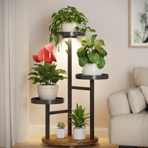 LASZOLA Corner Plant Stand Indoor Shelf Tall with Lights, 3 Tiers Black | Heavy Duty Wooden Flower Holder Rack, for Mutiple Plants, Metal Planter Display for Patio Garden Balcony Living Room - color: Matte Black - Brown with Light, size: 3 Tier