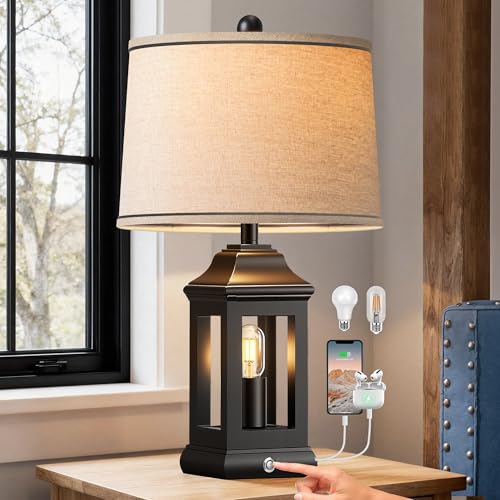 24" Rustic Farmhouse Table Lamps for Living Room, Single Pack Touch Dimmable Nightlight Vintage Bedside Lamps with USB A+C Ports & Dual Light Sources for Bedroom Nightstand End Table, Matte Black - color: Matte Black