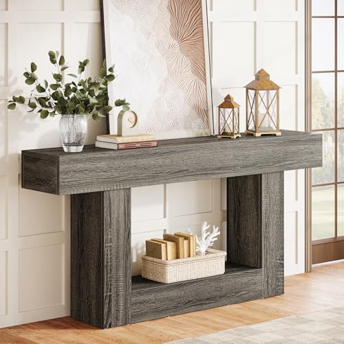 Tribesigns 63-Inch Long Console Table, 2-Tier Entryway Table Sofa Table with Storage, Farmhouse Wood Behind Couch Table for Living Room, Hallway, Rustic Gray - color: Rustic Gray