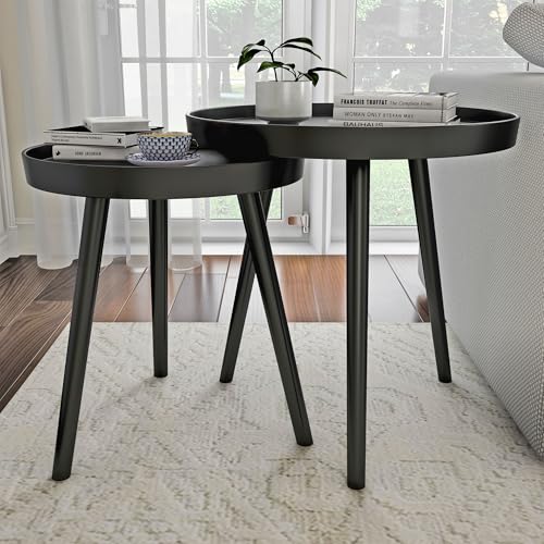 Lavish Home Nesting Side Tables, Black, Set of 2, 21.5”/16” | Round End Tables with Tray Tops for Living Room, Bedroom, or Home Office, Mid-Century Modern Living Room Furniture