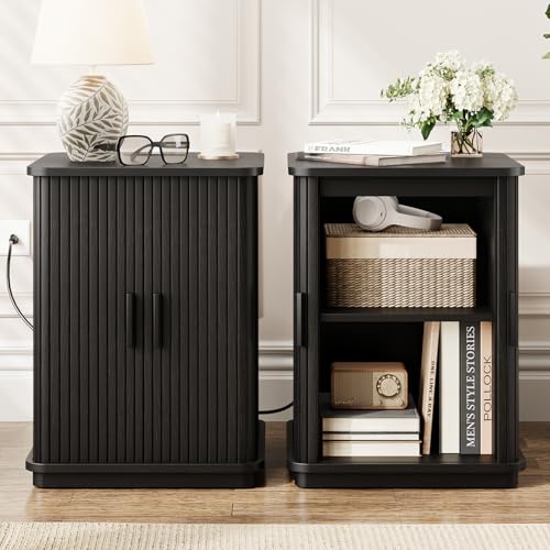ONBRILL Square End Table with Charging Station, Fluted Storage Nightstand | Mid-Century Modern Accent Side Table with Sliding Door & Sturdy Pedestal, for Small Space, Living Room, Bedroom, Walnut - color: Black